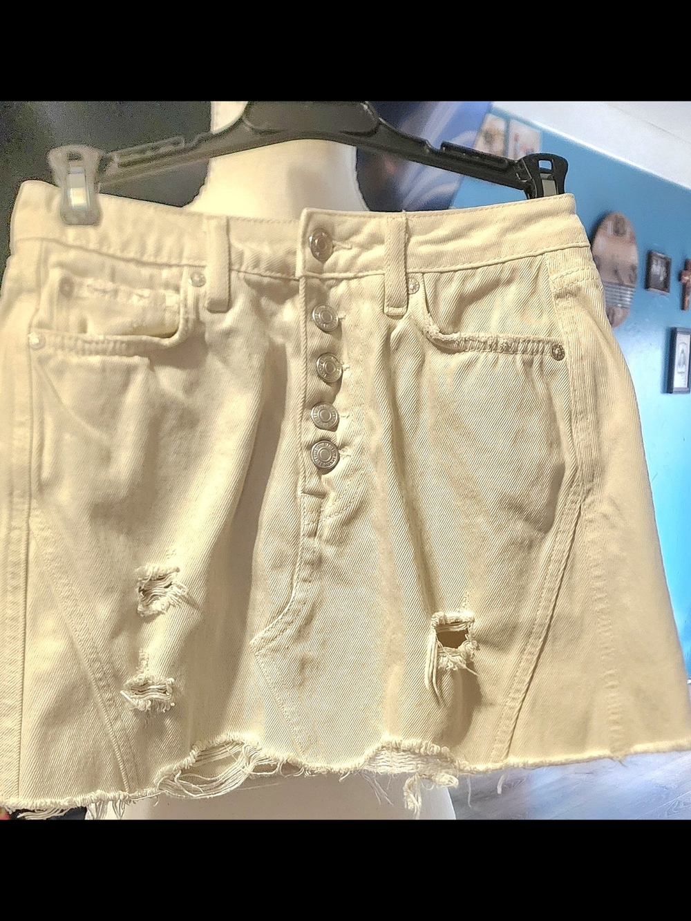 Free People Cream Distressed Button-Front Mini Skirt Sz Small